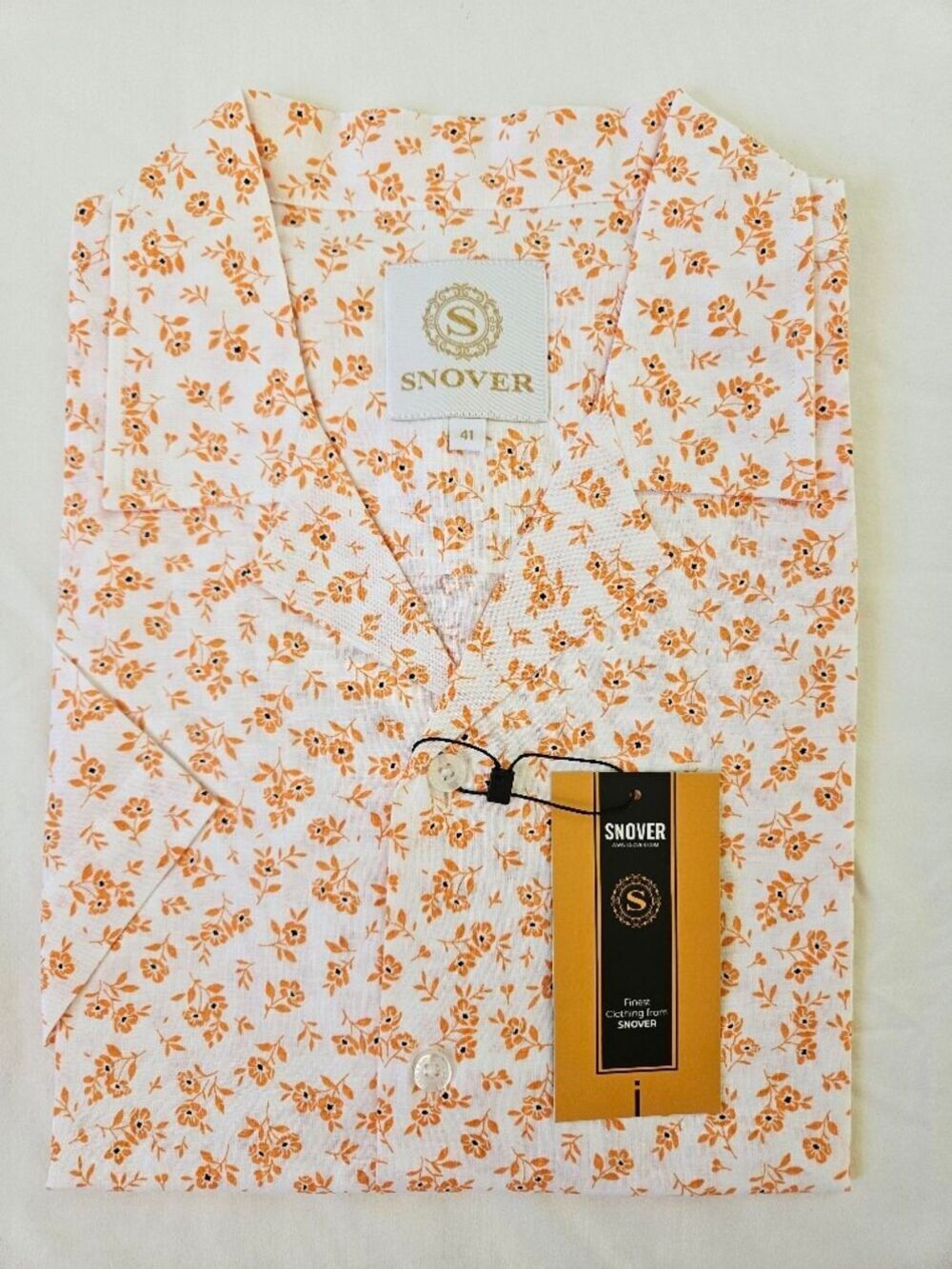 Snover Orange Floral Casual Button-Down Cotton Linen Shirt NWT Size 41, 16", L